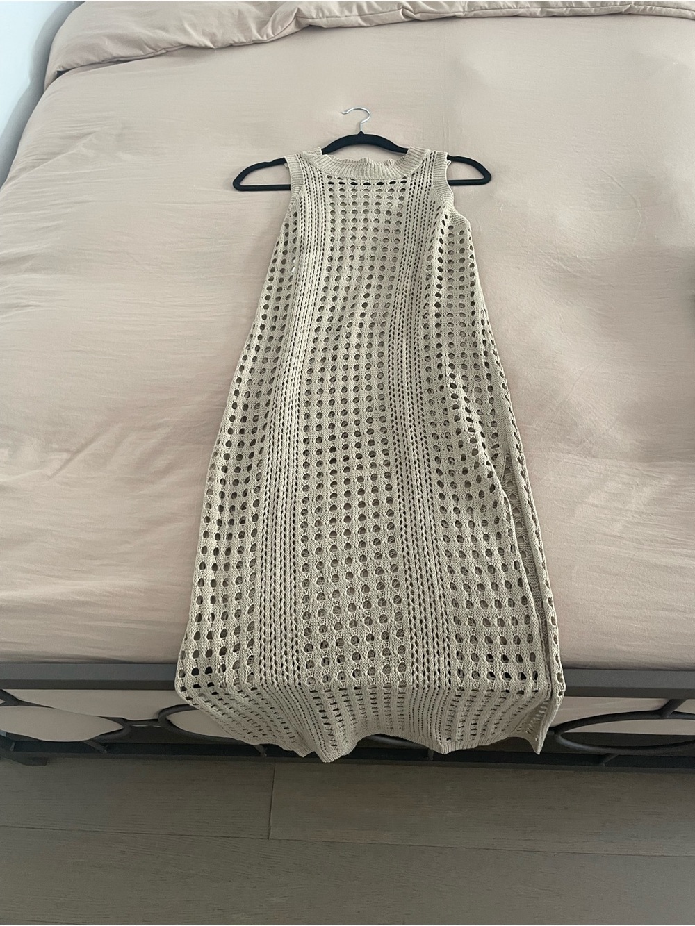 Sleeveless Knit Eyelet Midi Dress in Beige